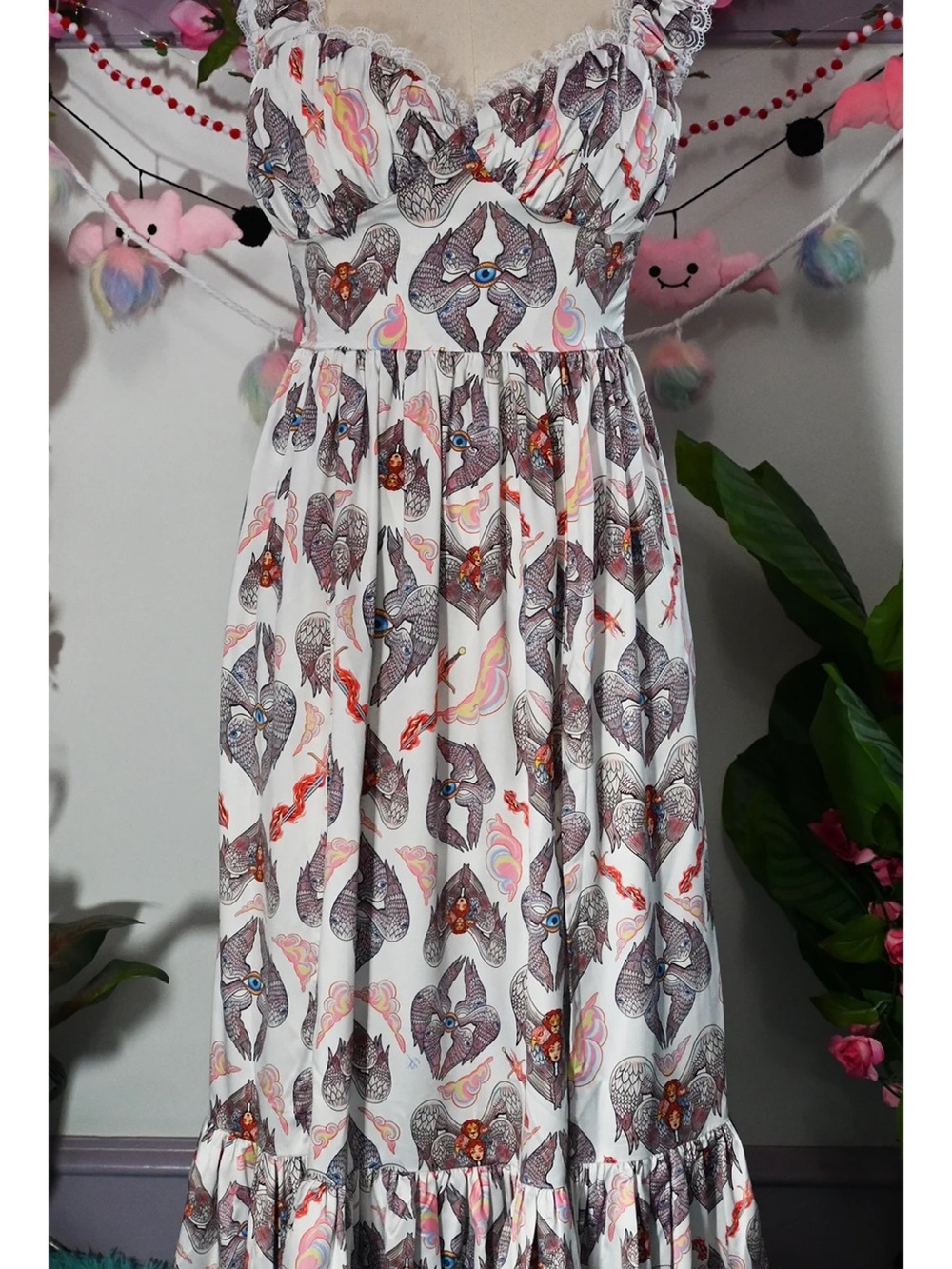 White Heart-Print Maxi Dress with Ruffle Hem
